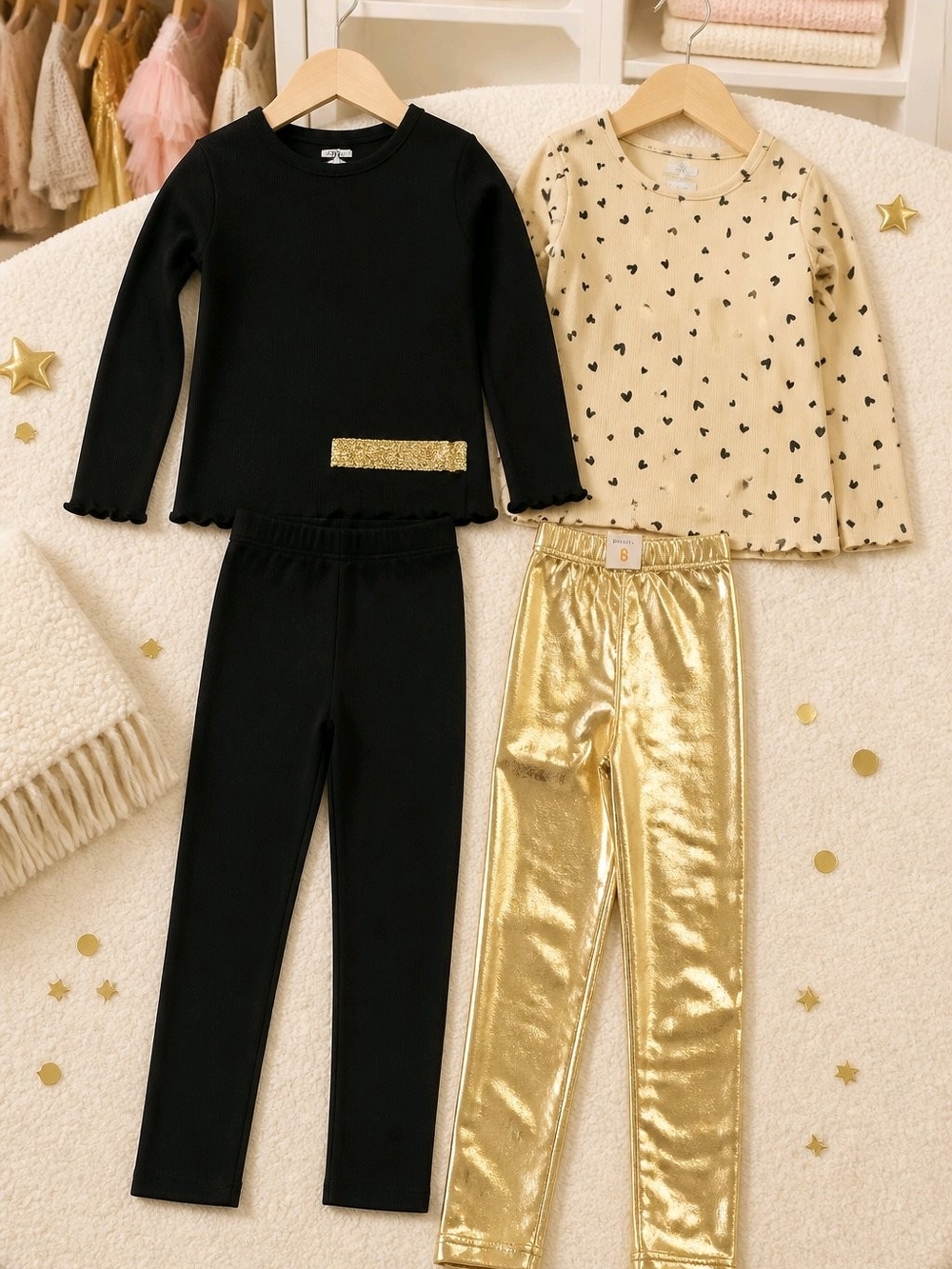 Kids Black & Gold Matching Set - Long Sleeve Tops & Metallic Leggings